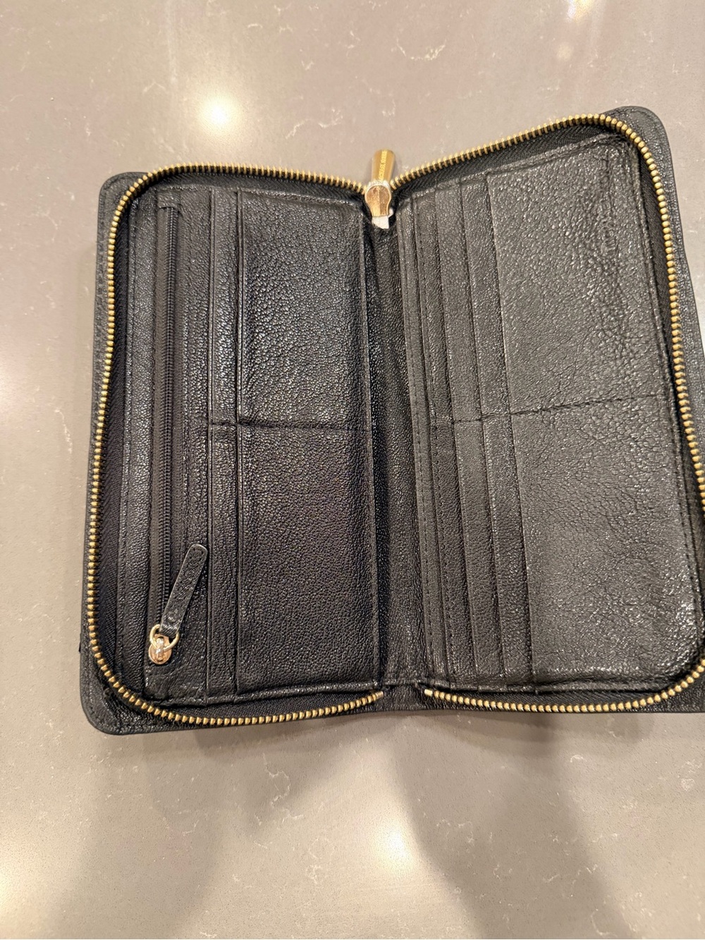 Michael Kors Black Leather Zip-Around Wallet with Gold MK Medallion - Picture 3 of 5
